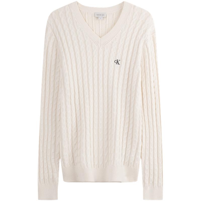 Calvin Klein Casual Commuter Embroidered V-Neck Cable Knit Sweater Unisex Sweater Milk-White J326795-YBI L