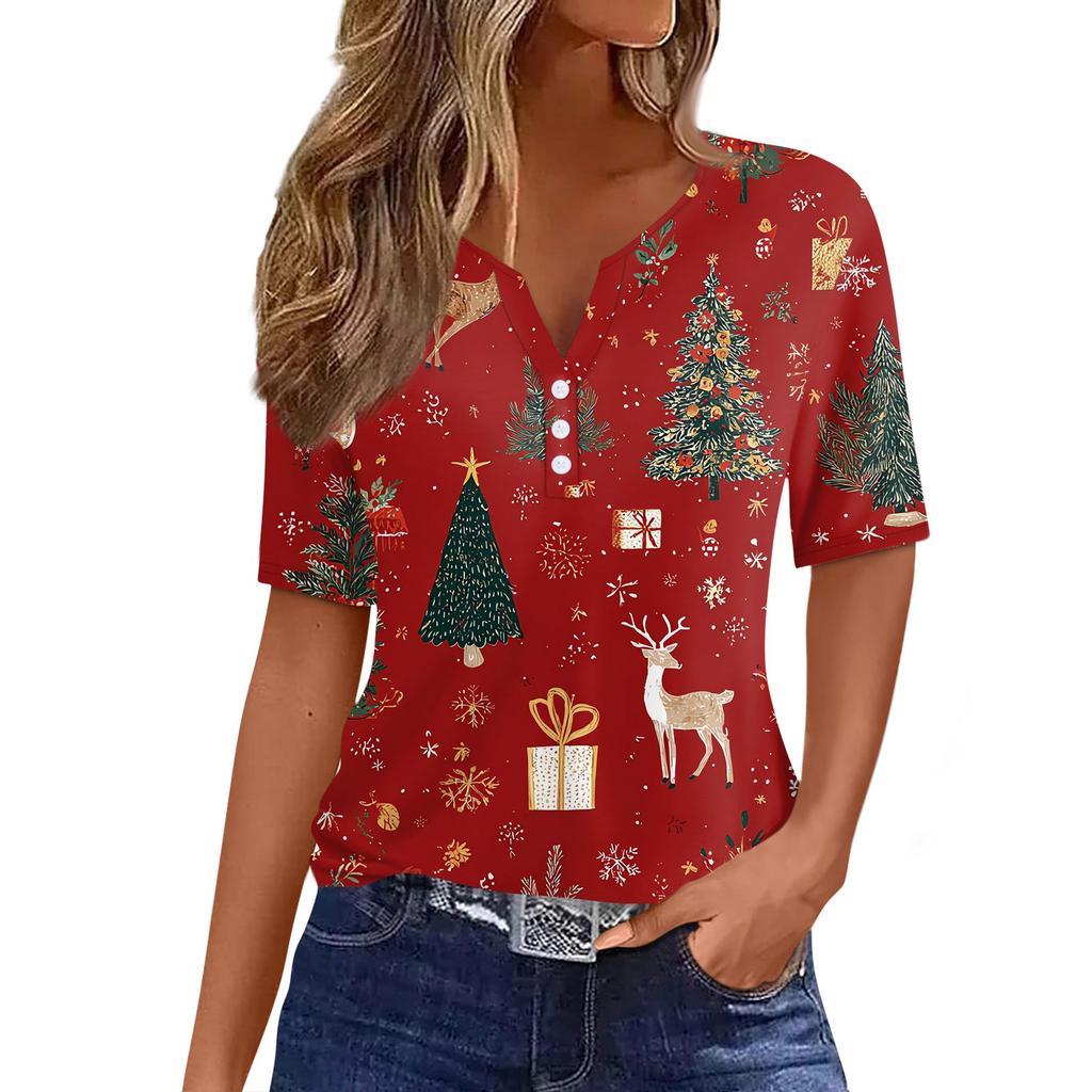 Women's T Shirt Christmas Print Button Short Sleeve Daily Weekend Fashion Basic V- Neck Regular Top
