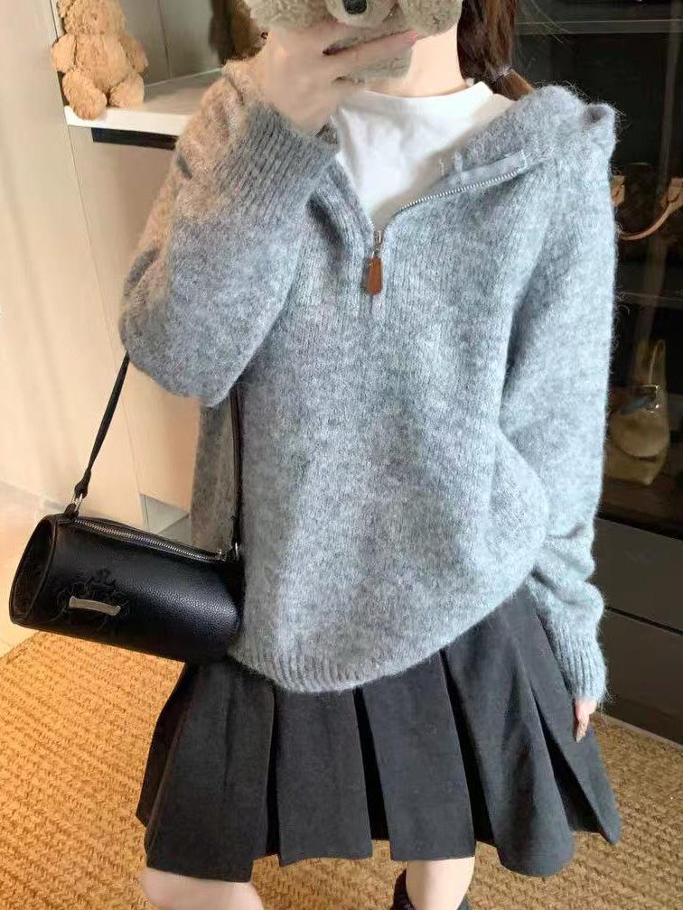 Women's Petite Korean Loose Knit Hooded Sweater - Autumn/Winter Style