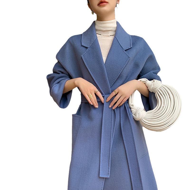 Women's Double-Sided Wool Coat: Long, Thickened, Solid Color with Belted Waist and Long Sleeves for Autumn/Winter.
