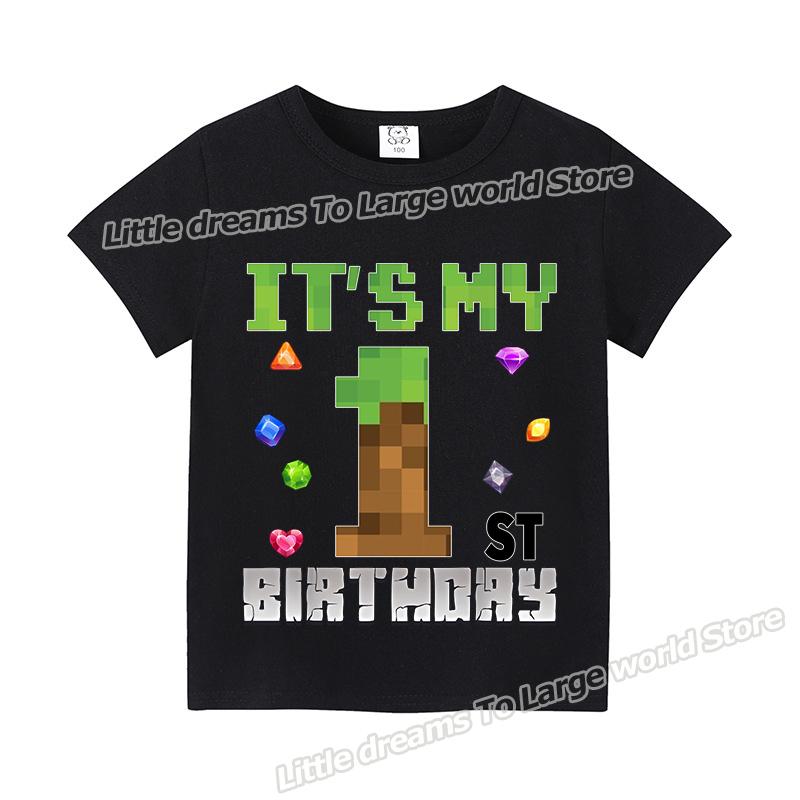 Miner Crafting Number T-shirt Pixels 1-9 Birthday Party Supplies Short Sleeve Tee Boys Girls Summer Clothing Simple Base Tshirt
