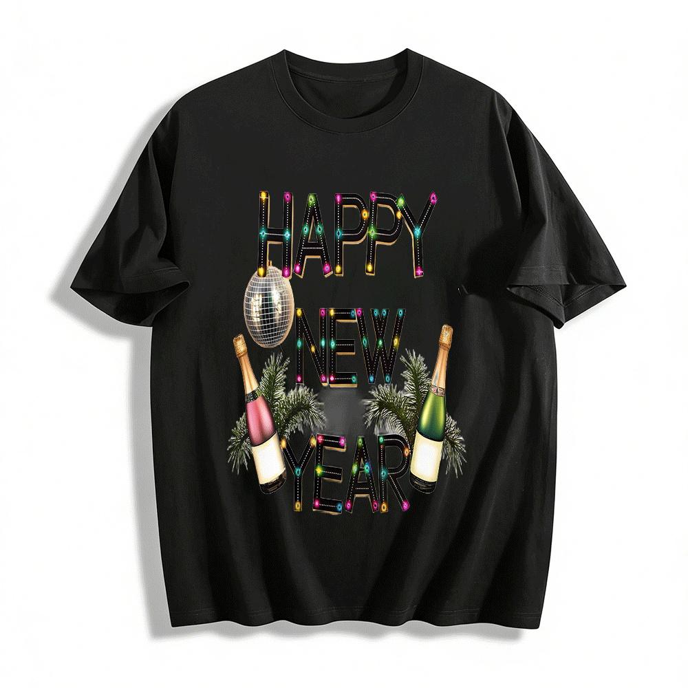 Happy New Year Light-up Letter Print Casual Party Top Pure cotton T-shirt XXS