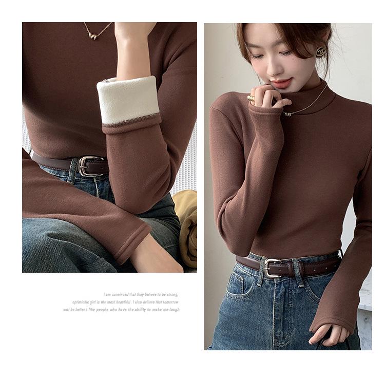 Women's Modal Velvet Half-High Collar Long-Sleeved Slim Warm Bottoming Shirt for Autumn and Winter