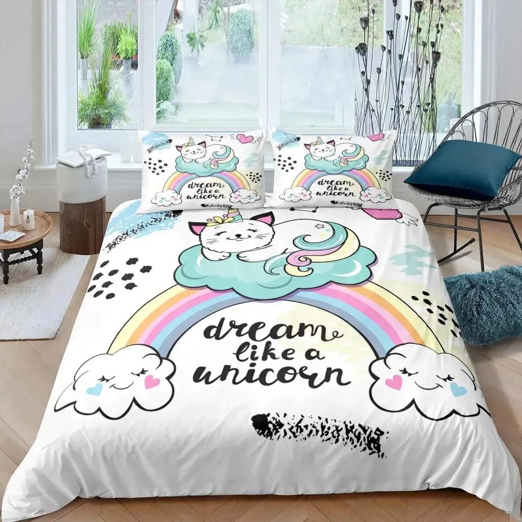 Unicorn Cat Duvet Cover Set Queen,Rainbow Unicorn Bedding Set,Girls Cartoon Magical Animal Sweet Icecream Comforter Cover
