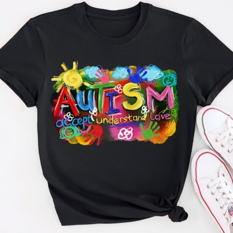 Autism Hand Paint Accept Understand Love Tee Autism Awareness Month Shirt for Autism Awareness Outdoors High Quality Cotton Tee S