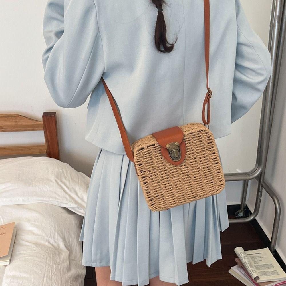 Ethnic Style Rattan Weave Bag Bohemian Beach Bag Casual Straw Shoulder Bag  Messenger Bags