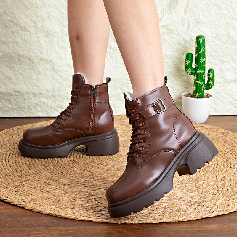 Brown Retro  Boots For Women British Styleautumn And Winter New Thick-Soled Height-Increasing Short Boots With
