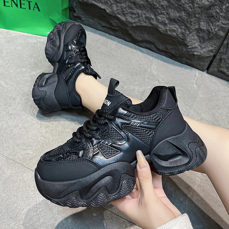 Fashion Sport Shoes for Women New Fashion Tennis Platform 2024 Black Casual Chunky Mesh Leather Spring Autumn Girls Sneakers Old Father