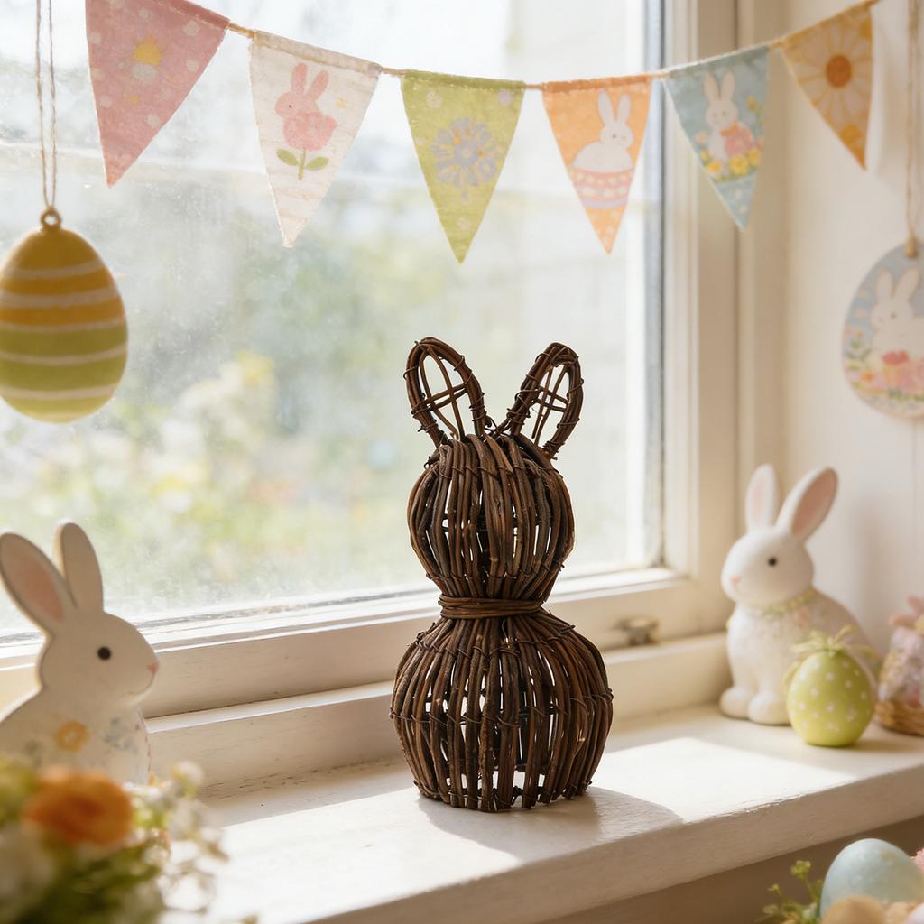 Wicker Ornament Handcrafted Easter Bunny Home Decor Garden Decorative Piece