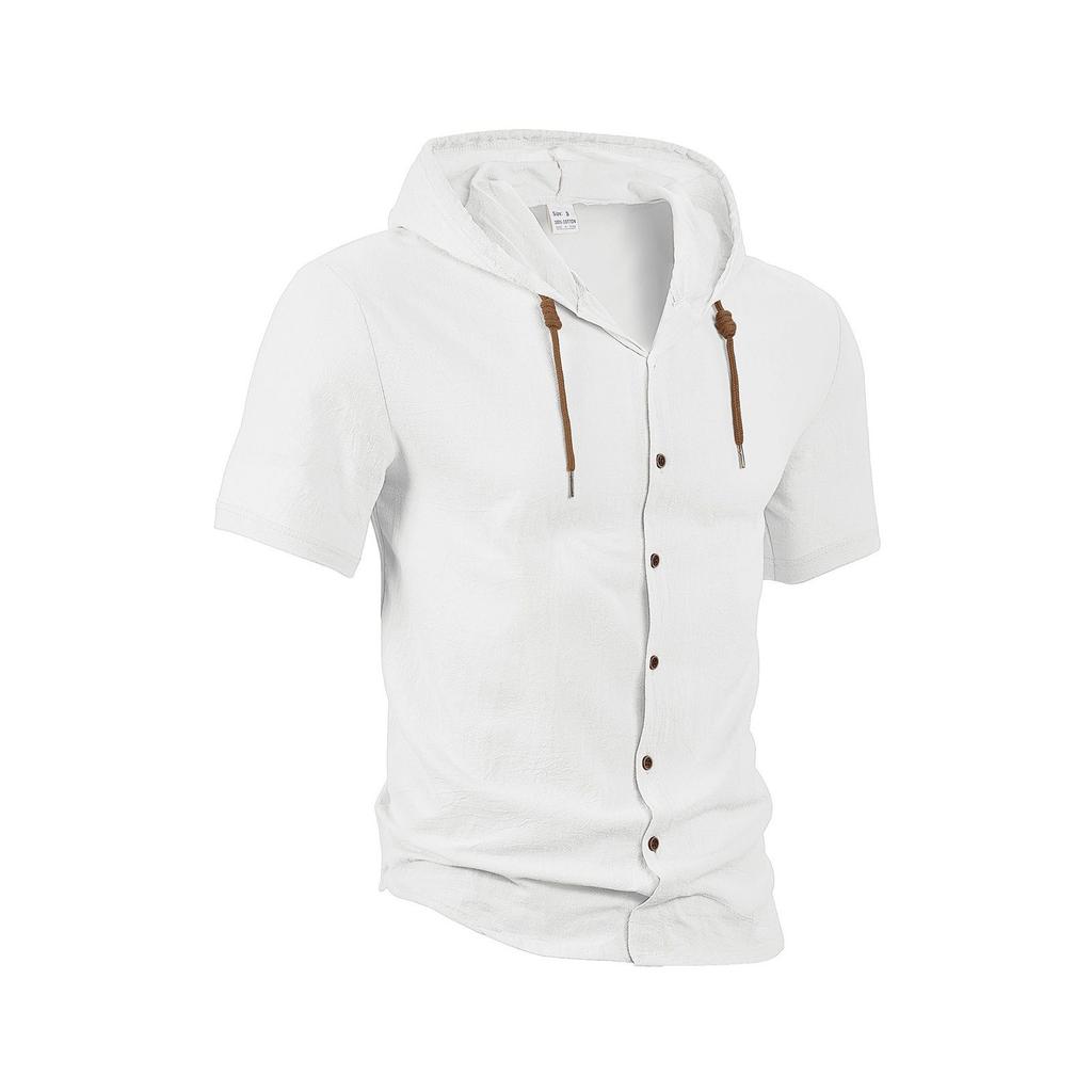 Men's Solid Color Cotton And Linen Short-sleeved Shirt Cardigan Loose Hooded Top