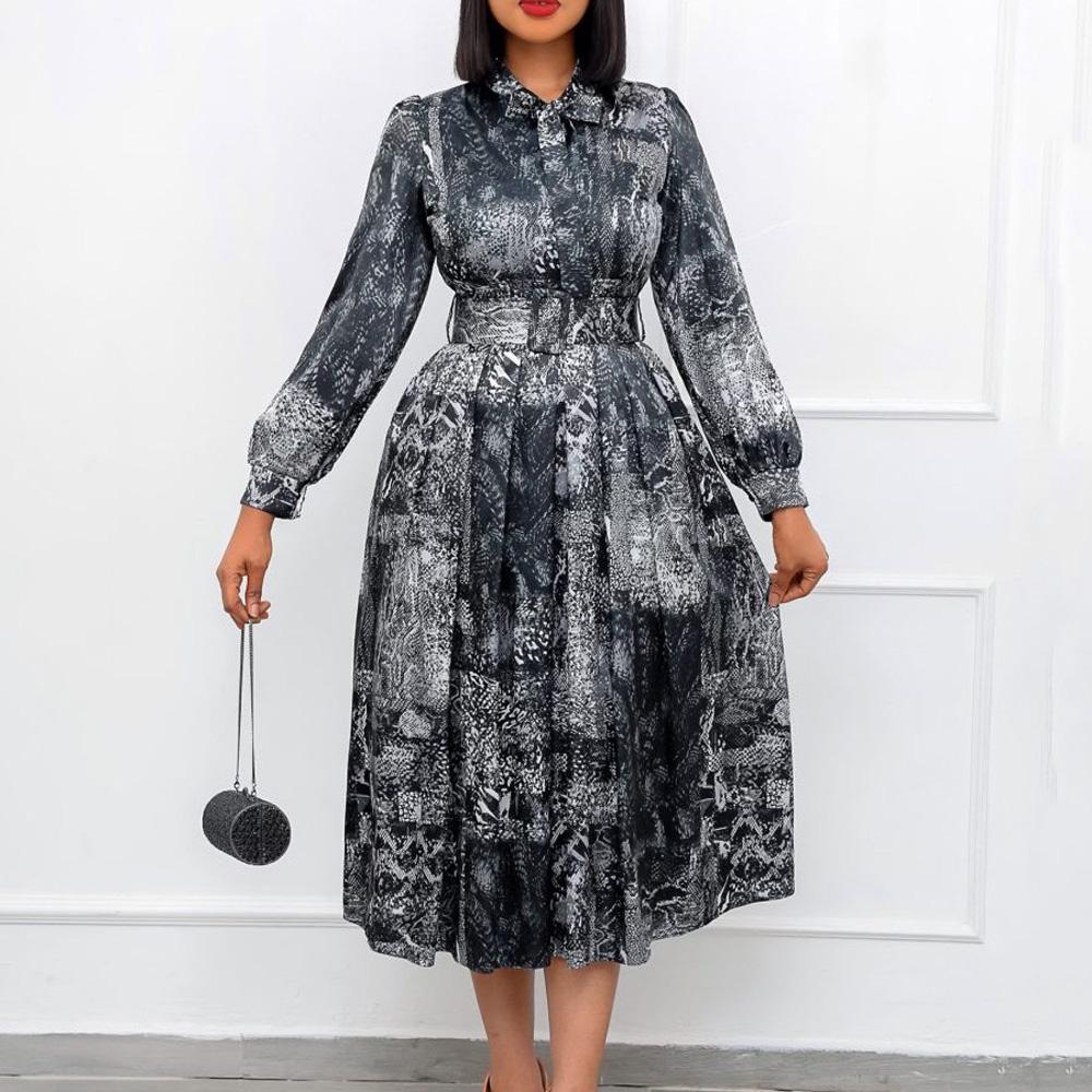 Vintage Style Long Sleeve Dresses Women Bow Collar Long Sleeve Belt Waisted A Line Mid Calf Birthday Party Dinner Vestidos Mujer Dress