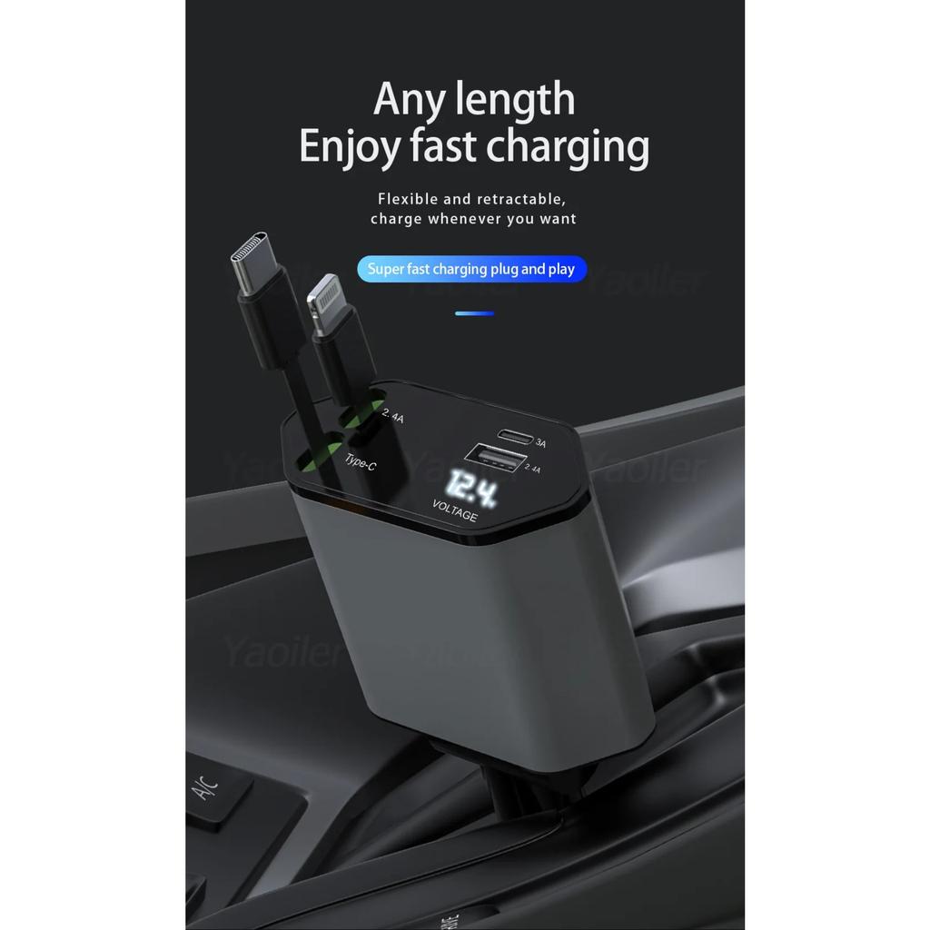 NEW 4 In 1 Retractable Car Charger 120W Super Fast Charge Car Phone Charger 2 Retractable Cables & 2 Ports Car Charger