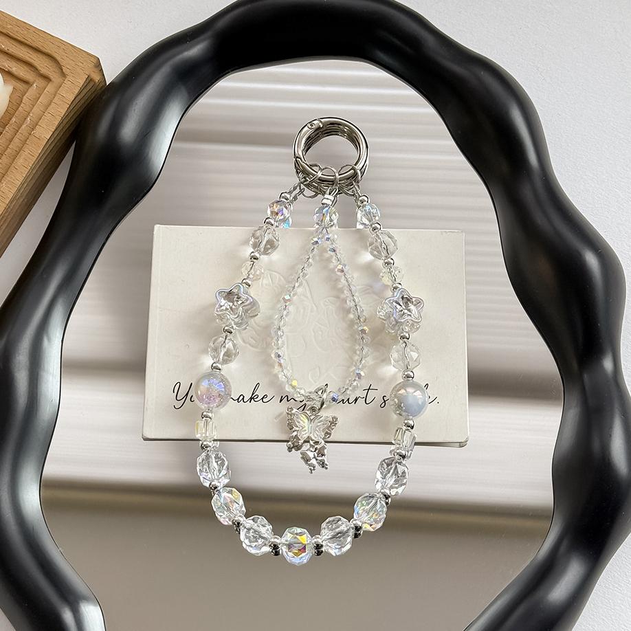 Stylish Bling Crystal Beads Butterfly Phone Strap Charm Keychain Pendant Bracelet Airpods Accessories Women Girl Hanging Cord