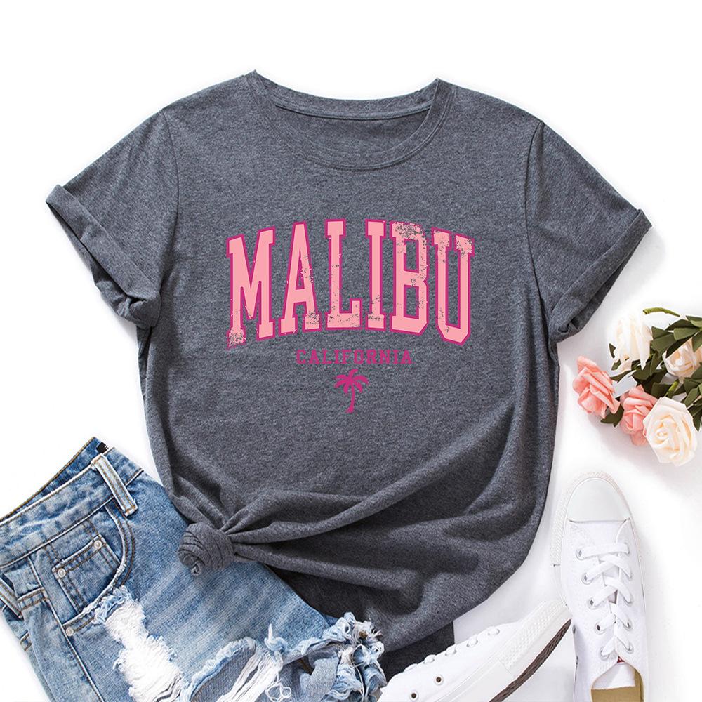 Letters Cotton T-Shirt Short Sleeve Round Neck Women 2d Print Tops