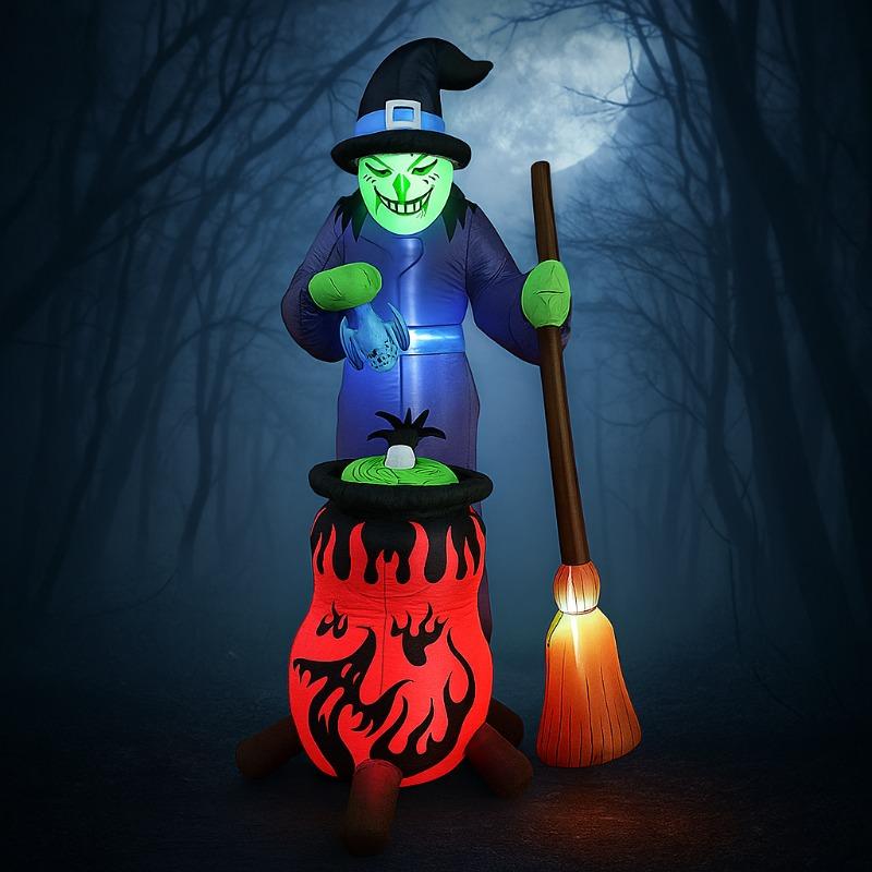 8FT Halloween Inflatables Toys Outdoor Decoration Witch with Auto Rotation Cauldron Built-in LED Light Yard Garden Holiday Decor