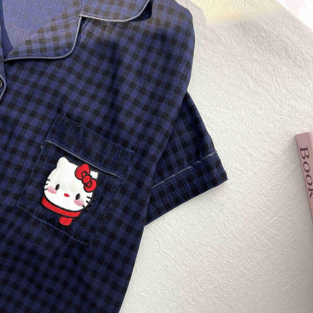 Kariertes Hello Kitty Pyjama-Set - Damen Kurzarm Frühling/Sommer 3-teilig