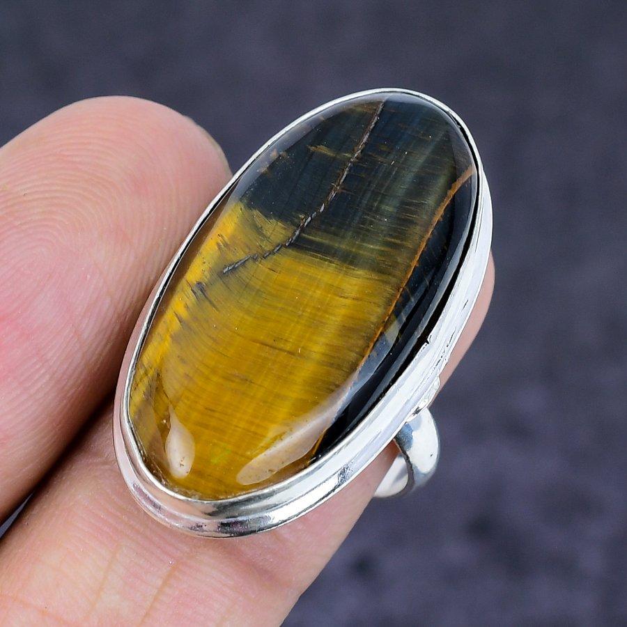 Natural Tiger Eye Gemstone 925 Sterling Silver Jewelry Ring Size 8.5 t2T90