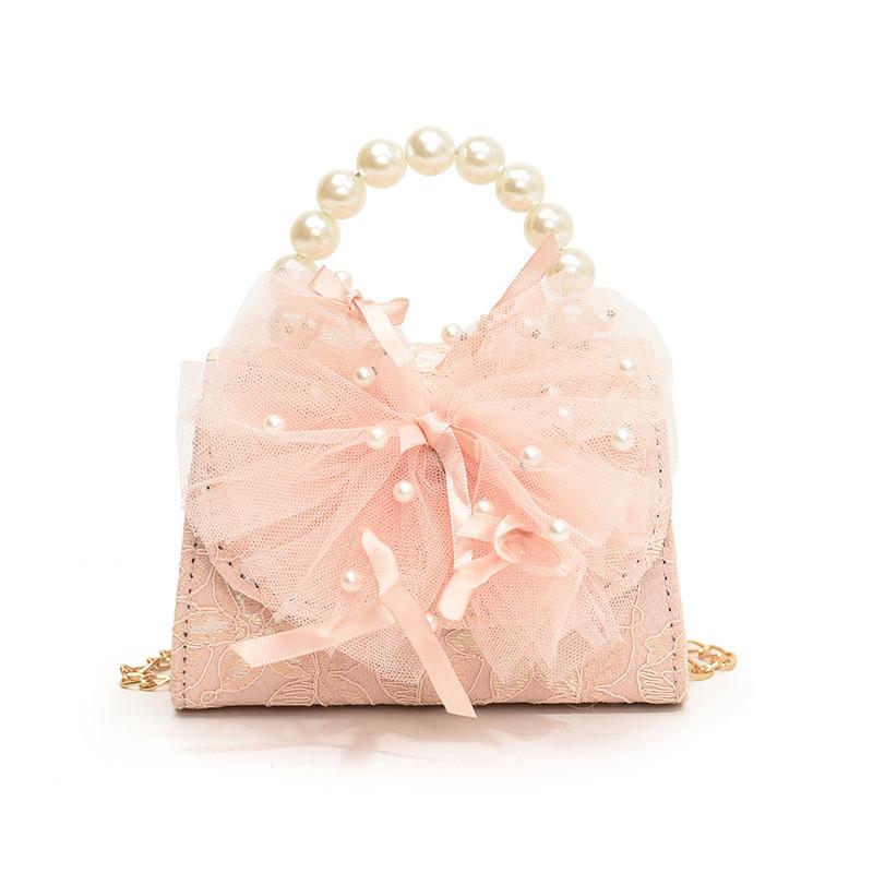 Modern Pink Blue And White Pu Children's Shoulder Bag With Chic Lace Bow Accent