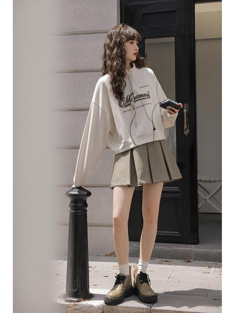 Europäischer Stil Übergröße High Waist Sweatshirt für Damen - 2025 Frühling/Herbst Kollektion: Lockere Passform, Schlankmachend, Stehkragen, Kurzes Oberteil