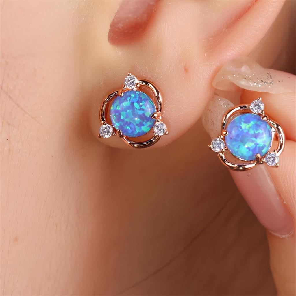 1 Pairs of Exquisite Copper Earrings Set with Opal Featuring Small Flower Design Elegant Retro Style for Autumn and Winter Valentine's Day