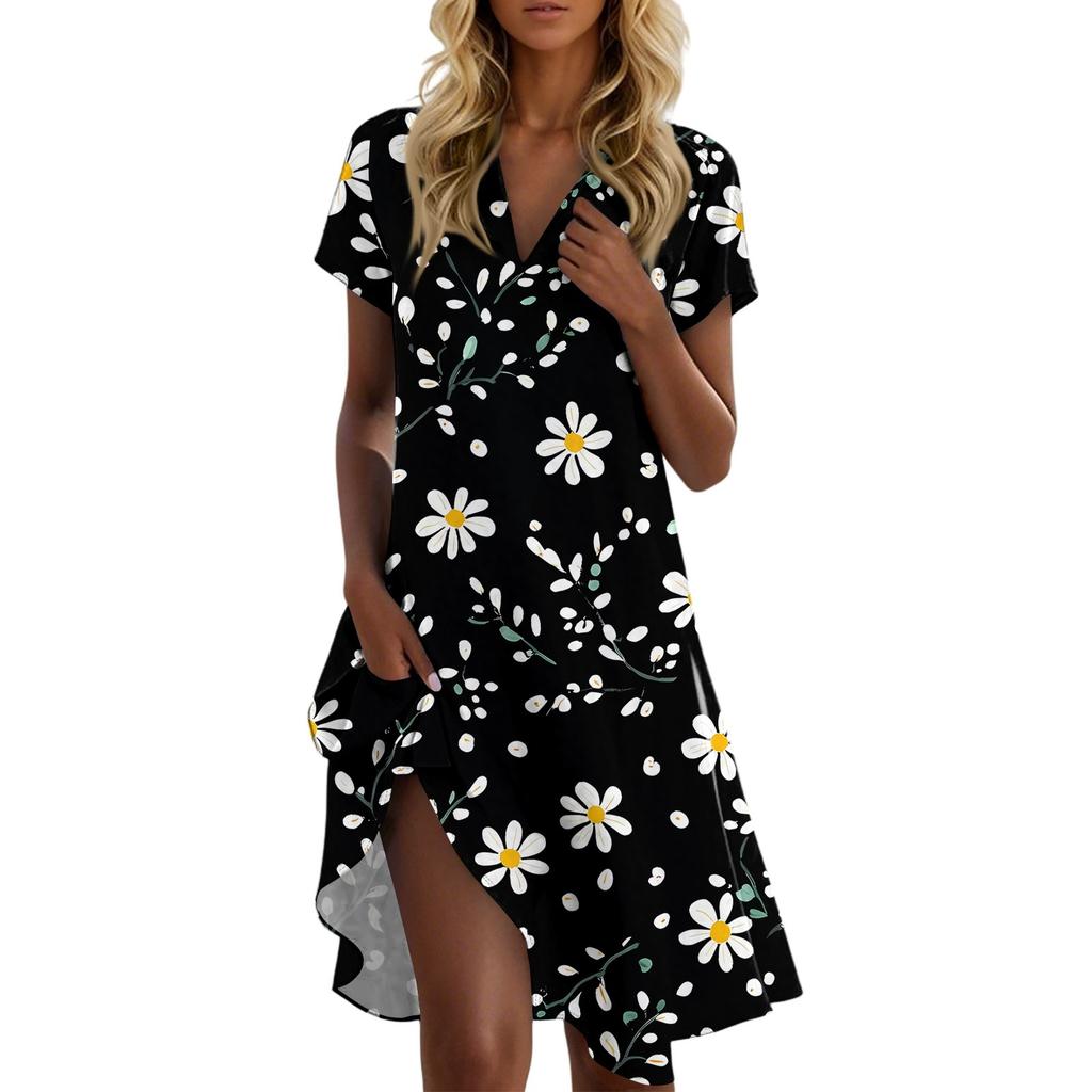 Women's Casual Fashion Lapel Floral Print Dress Short Sleeve V Neck Short Skirt