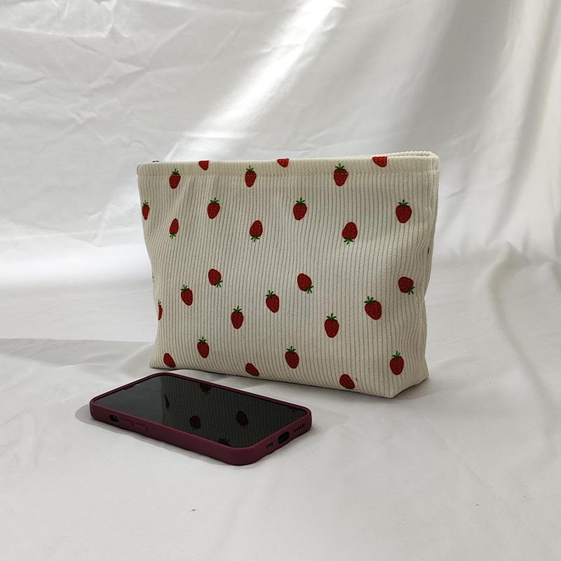Fashion Cherry Printed Corduroy Makeup Bags Large Capacity Lightweight Zipper Makeup Storage Box Multifunctional Bag with Lining