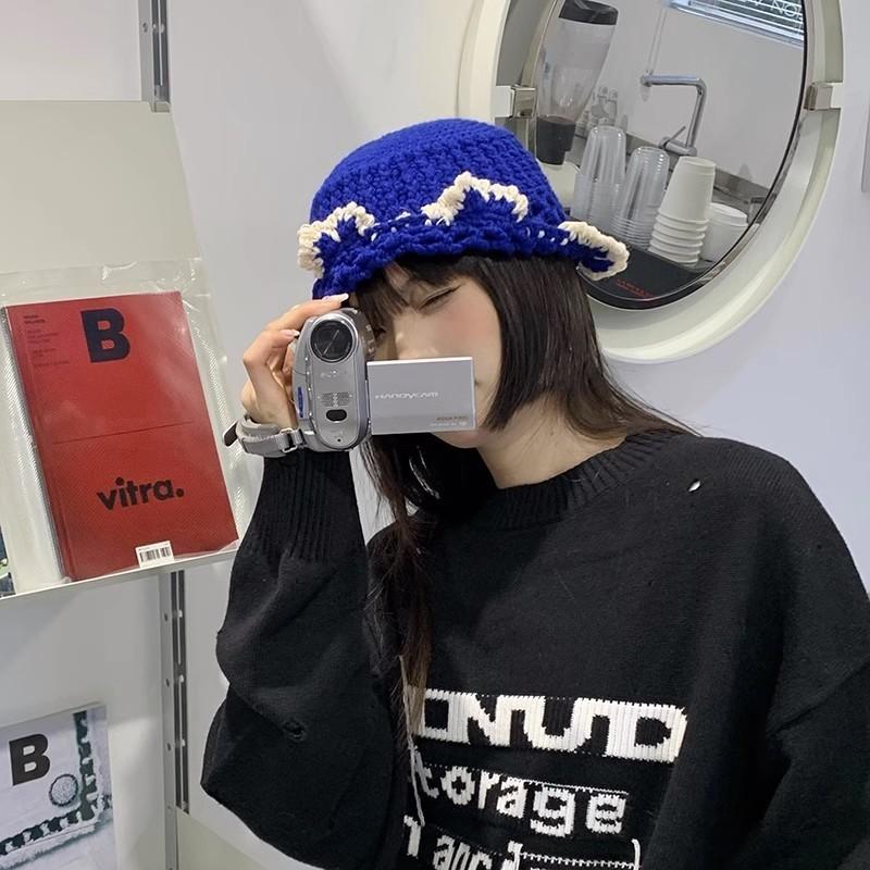 Blue Knitted Wool Cap Women Spring Korean All-match Forest Style Lace Edge Bucket Hat Fashion Big Headband Fisherman Hat
