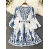 Vintage Floral Print V Neck A Line Dress with Lantern Sleeves and Waistband Long Court Style Dress for Women Spring Fall Occasion Wear Fashion