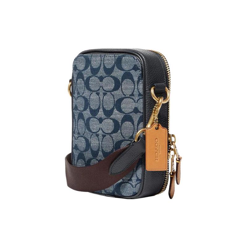 Coach Stanton 13 Champagne Print Color-blocked Zipper Canvas and Leather Crossbody Bag Mini Men's Brass and Denim Blue