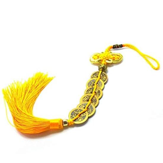 

Feng Shui Six Emperors Coin Chinese Knot Tassel Yellow Wall Hanging Ornament for Money, Wealth, and Fortune