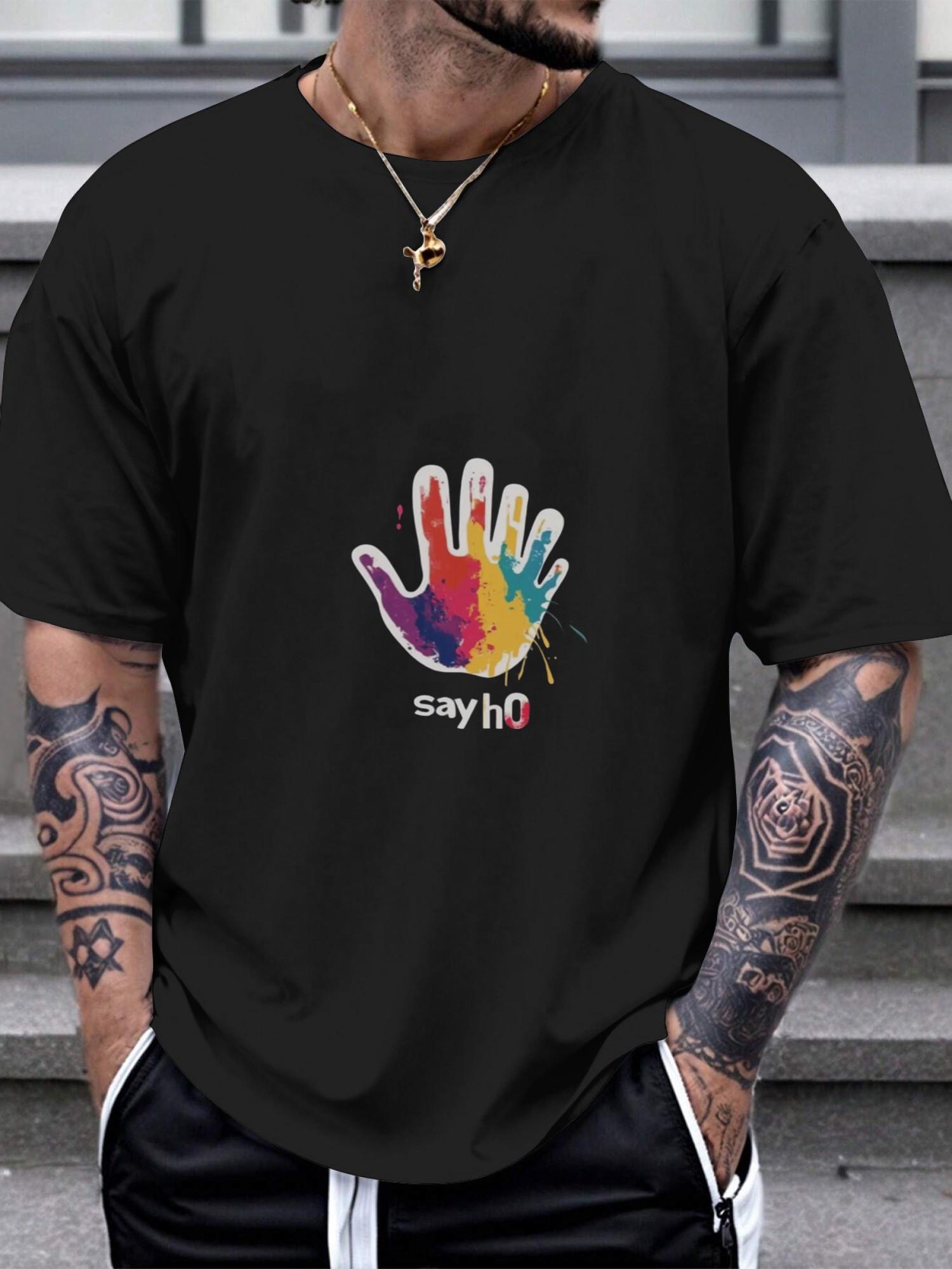 

1pc Abstract Hand Print Colorful Paint Splash Graphic T-shirt - Black 180g Cotton Crew Neck Short Sleeve Casual Tee with Say Ho Text XL