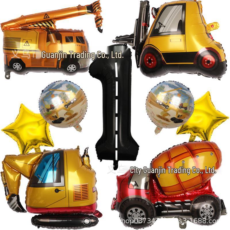 Cartoon Construction Vehicle Balloon Set: Forklift, Cement Mixer & Excavator for Kids' Birthday Decorations