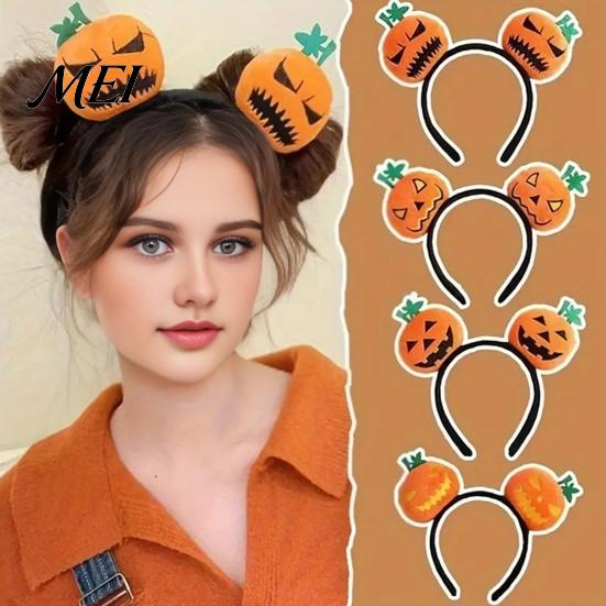 Holiday Headwear for Kids Adults Halloween Plush Pumpkin Headband, Fuzzy Orange Ghost Face Cute Headpiece Hair Accessories Women Costume Cosplay Theme