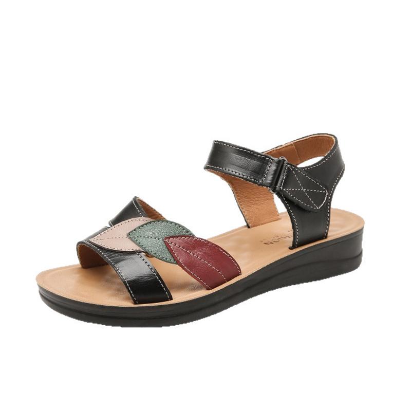 Zomerschoenen 2026 Dames Leren Sandalen Plat Casual Moeder Schoenen Zomer Vakantie Schoenen Comfortabel Zwart Beige Grote Maten 42