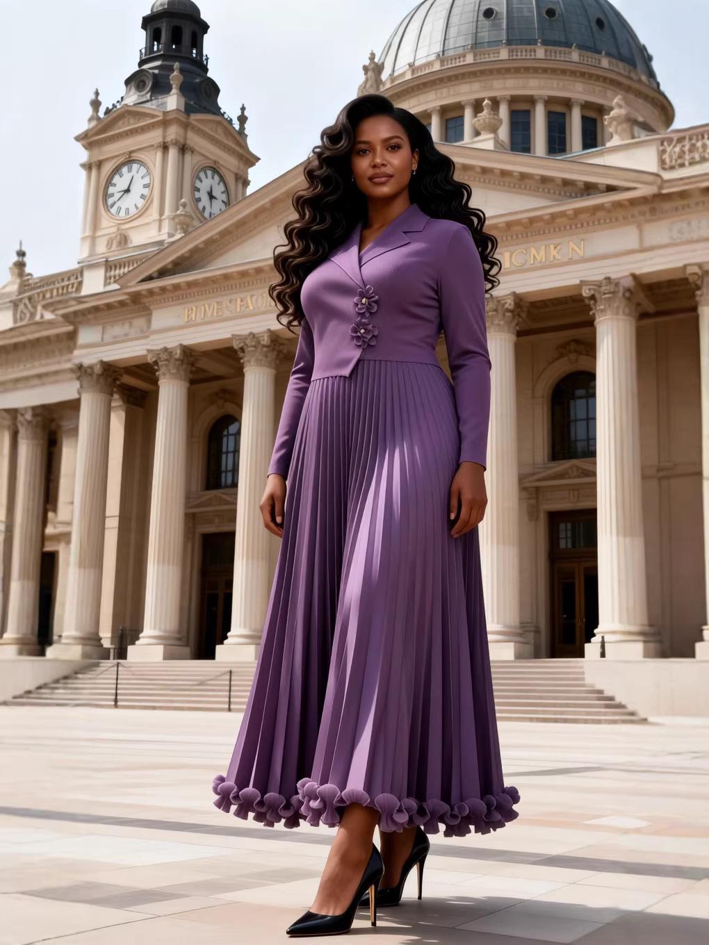 

African Miyake Pleated Plus Size Ruffled Dress - Fashionable Long Skirt for Women One Size (80-160 jin) фиолетовый