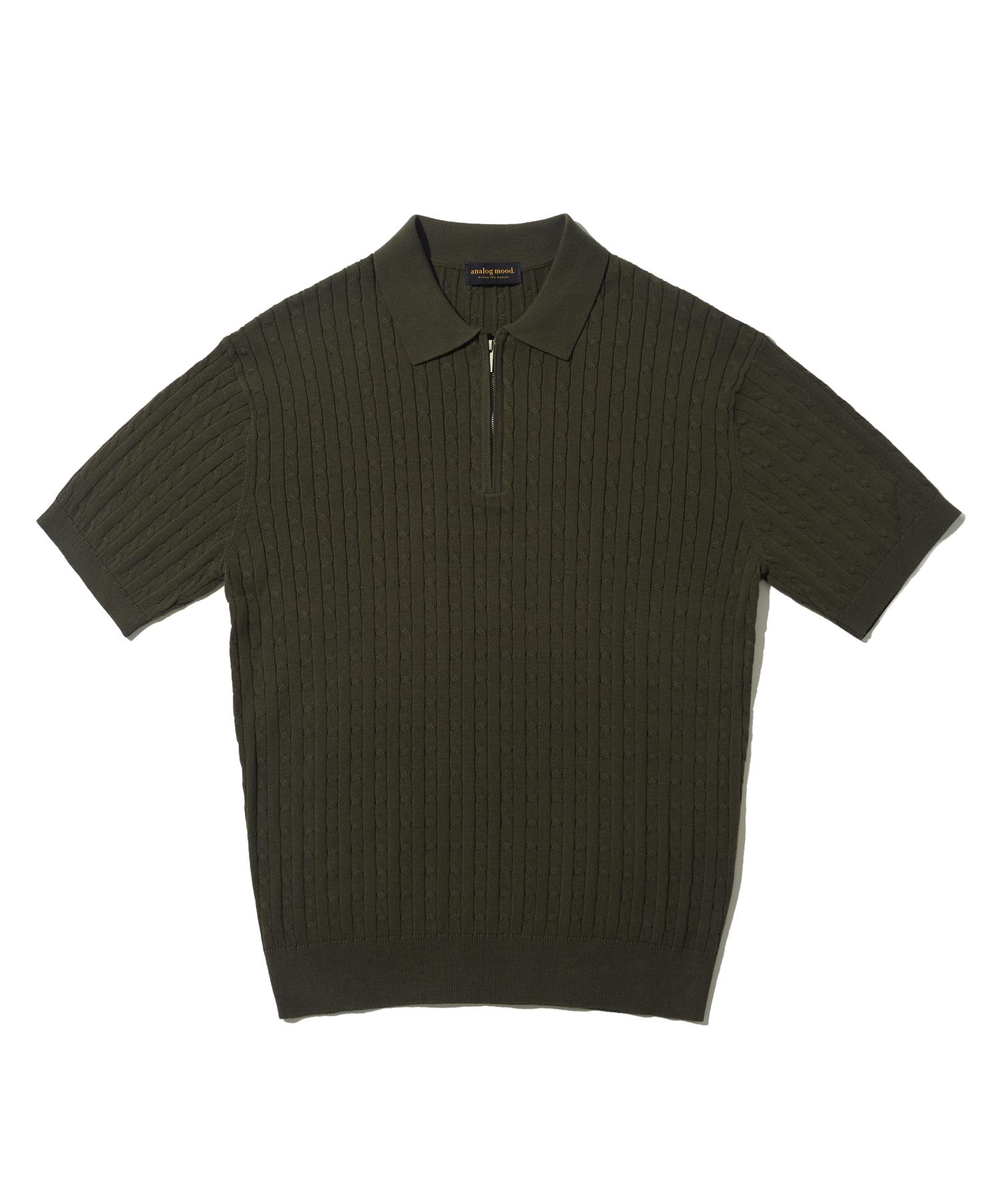Analog Mood Cable Half-Zip Collared Short-Sleeve Knit (Khaki) Free