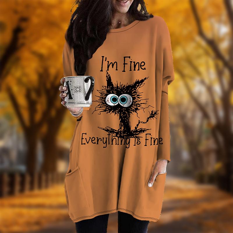 New In Autumn Melancholic Cat Print Plus Size Dress Women O'neck Long Sleeves Casual Pocket Dresses