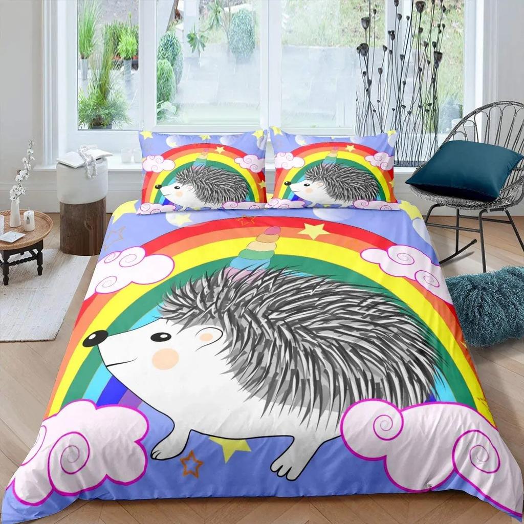 Comforter Cartoon Hedgehog Bedding Set Cute Hedgehog Flower Pattern Polyester Comforter Wildlife With Zipper