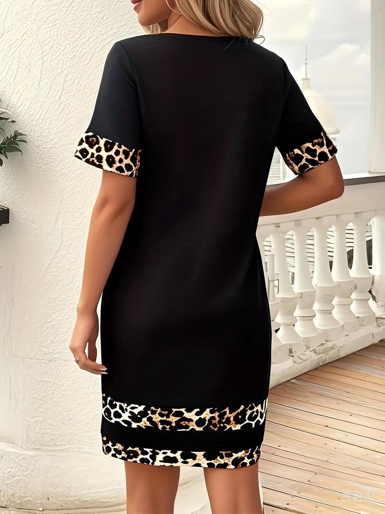Evropsko-americké patchwork bodycon šaty s leopardím vzorem - Dámské podzimní/zimní, s dlouhým rukávem, úzký střih.