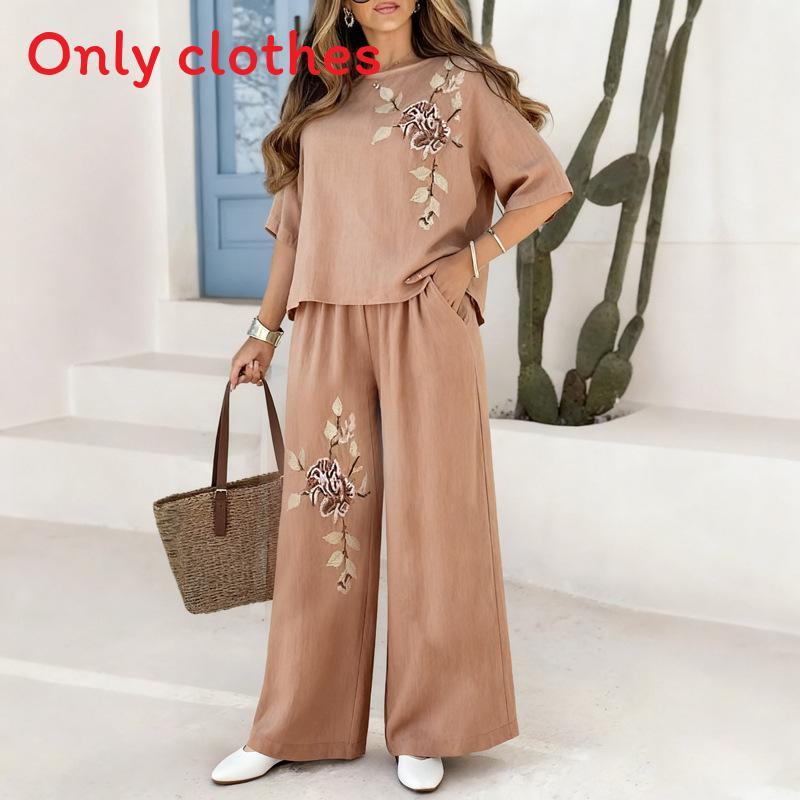 Vintage Plant Embroidery Cotton Linen Casual Pants Set For Women Summer Streetwear