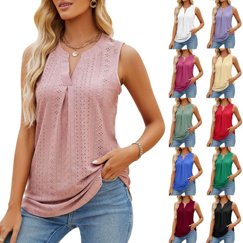 Women Solid Color V Neck Sleeveless Perforated Loose Casual Summer Tank Top