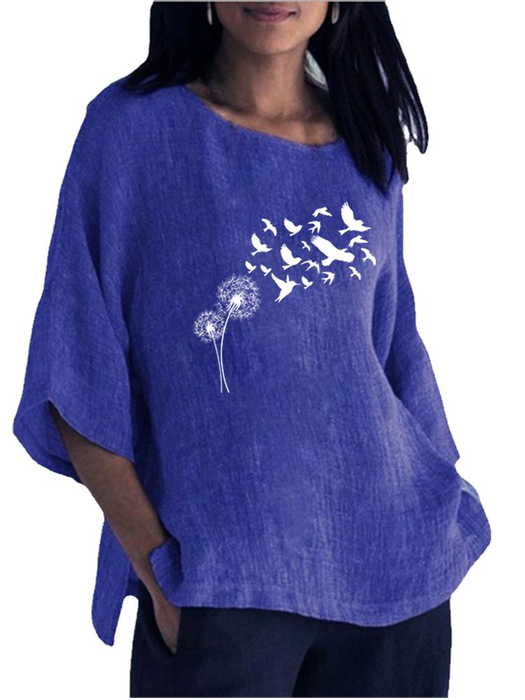 Women Fashion Cotton Linen Blouse Spring&summer Round Neck 3/4 Long Sleeve Shirt Ladies Pullover Loose Tops