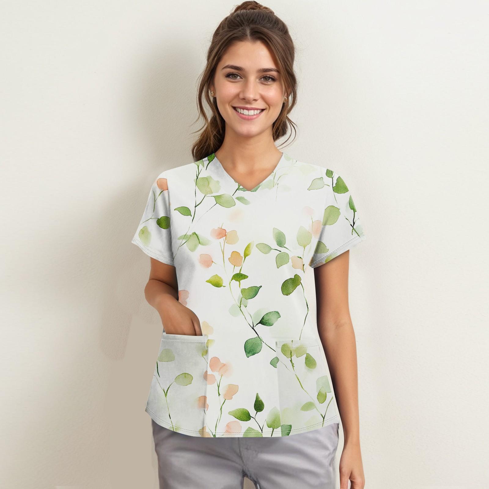 

Женская мода с v-образным вырезом, короткими рукавами и карманами, топы с принтом L