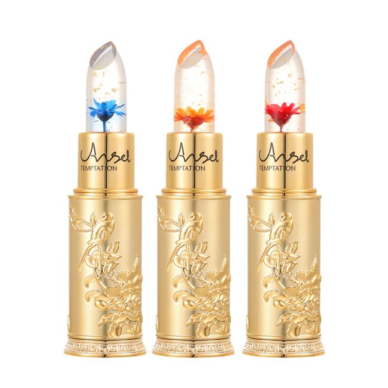 

24K Temperature-Shifting Jelly Lipstick with Gold Leaf and Dried Flowers. Highly Moisturizing and Long-Lasting. Waterproof and Long-Lasting. Bright Fl