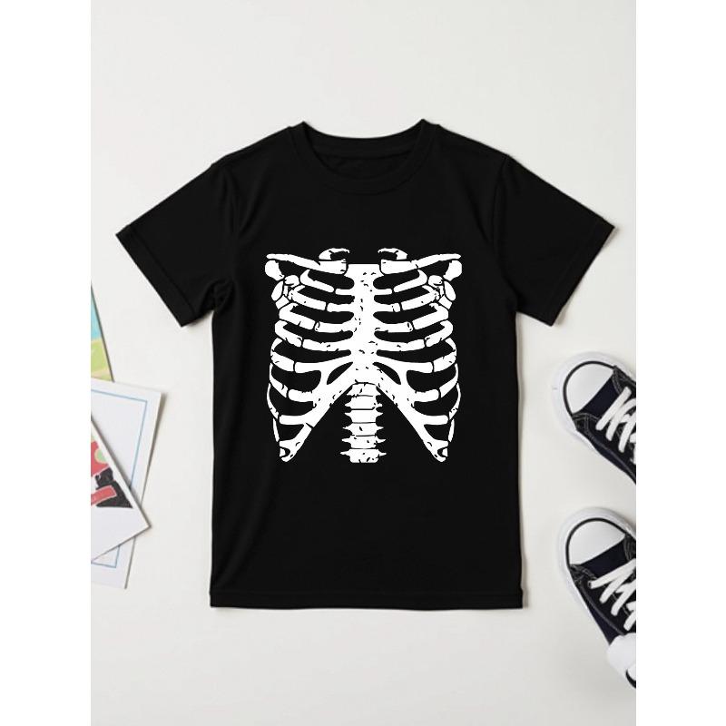 European Sizes Boys' Halloween Skull Print T-Shirt - , Round Neck, Stretchy & Comfortable, Summer Casual Wear with Fun Full-Body Skeleton Design,