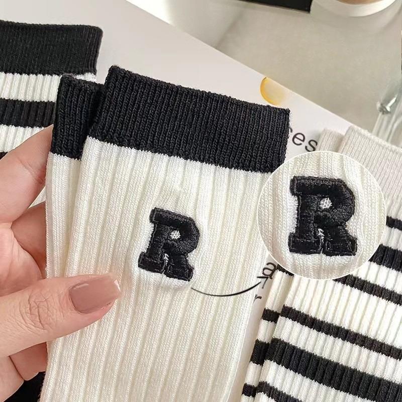 Autumn and Winter Striped Pure Cotton Socks, Summer Women's Trendy Socks, R Black and White Embroidered Academy Windblown Women's Socks