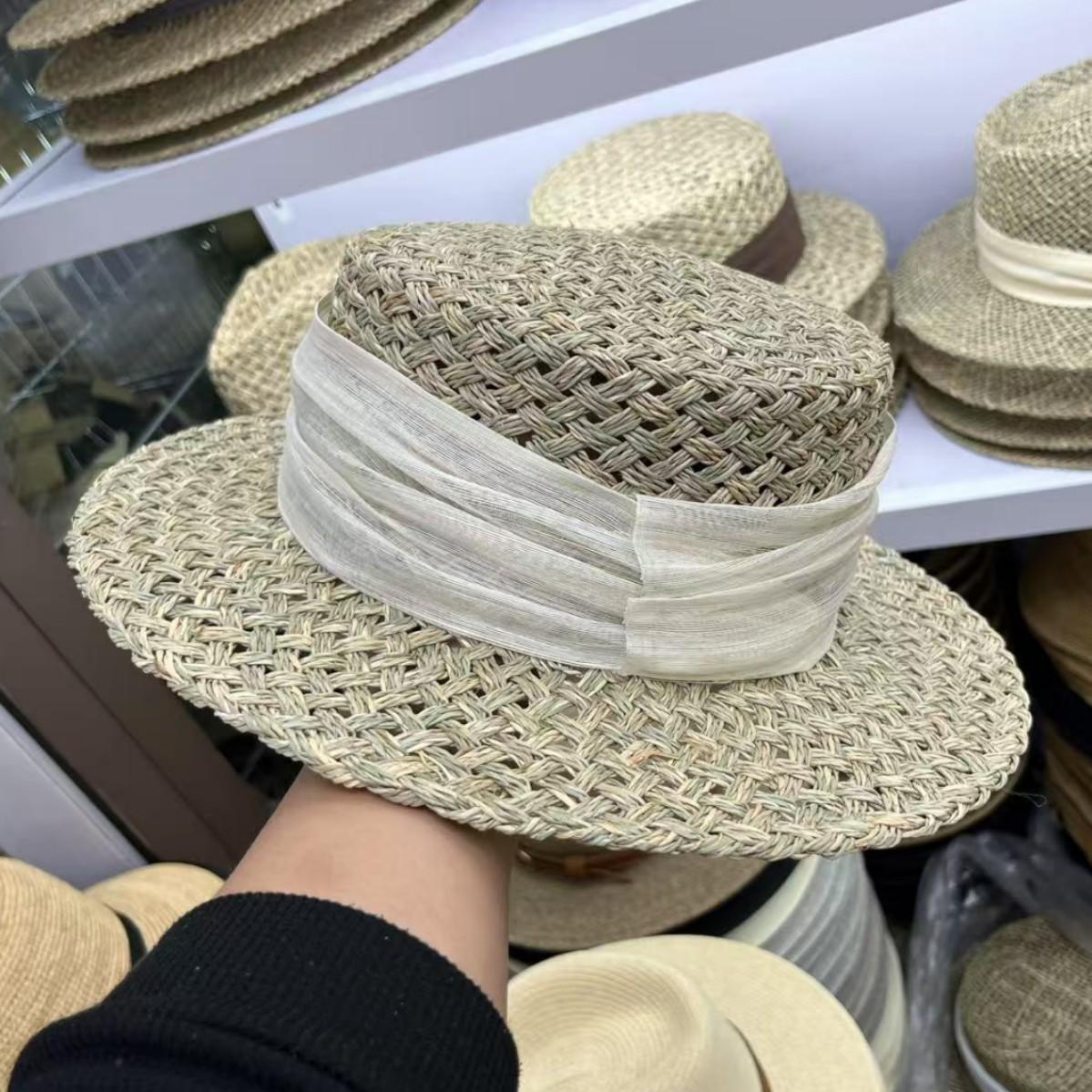 

Silk hemp summer new fashion elegant salty grass flat top straw hat outdoor sun protection sunshade wide brim beach hat One size fits all, adjustable