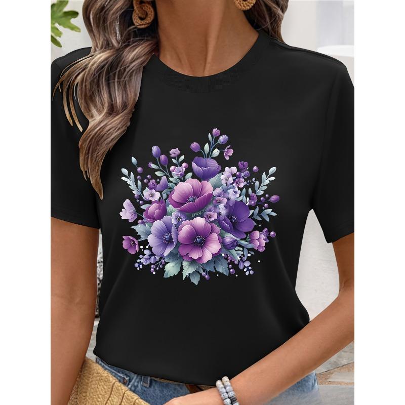 

European sizes Women s Light Yellow Floral Print T-Shirt - Breathable Summer Casual Short Sleeve Round Neck Top with Purple & Blue Floral Design 4XL