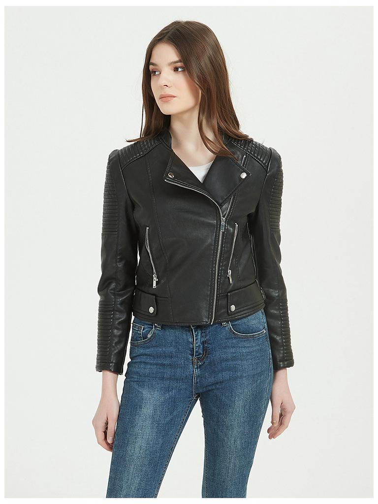 Damen PU-Leder Slim Stehkragenjacke - Europäischer/Amerikanischer Motorradstil, Erhältlich in verschiedenen Größen, Trendig und Pendlertauglich.