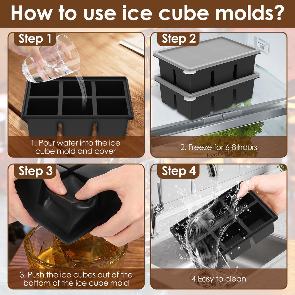 6 Pcs Silicone Ice Cube Tray 4/6 Grid Ice Cube Trays with Removable Lids Stackable Ice Cube Making Mold for Kitchen Accessories